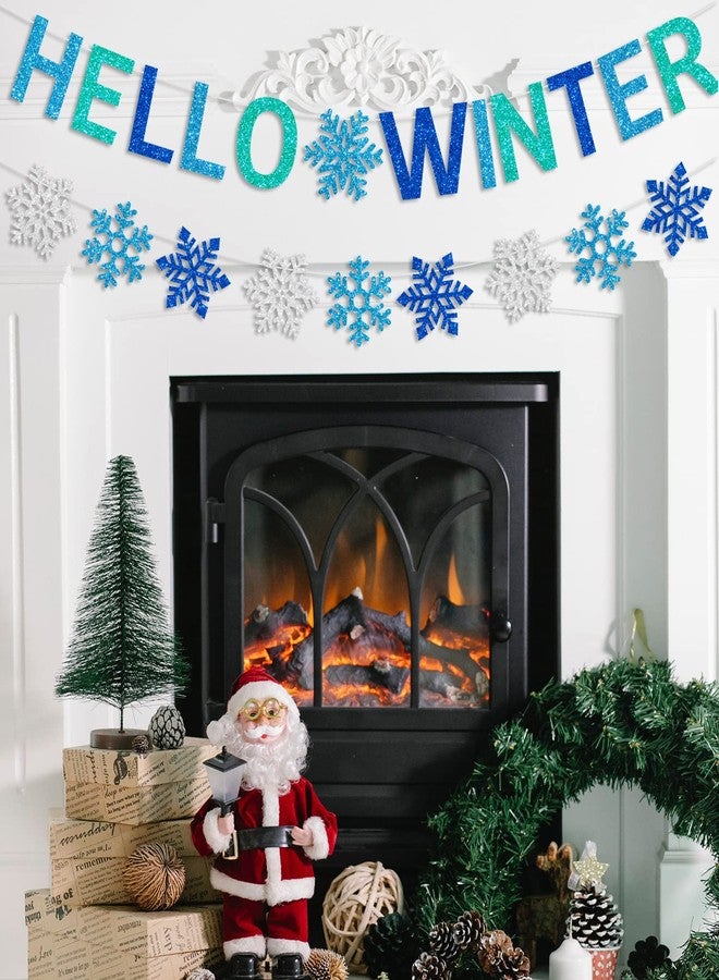 PTFNY Glittery Hello Winter Banner White Blue Snowflake Banner Winter Wonderland Baby Shower Decorations Christmas Winter Holiday Party Decorations - Image 5